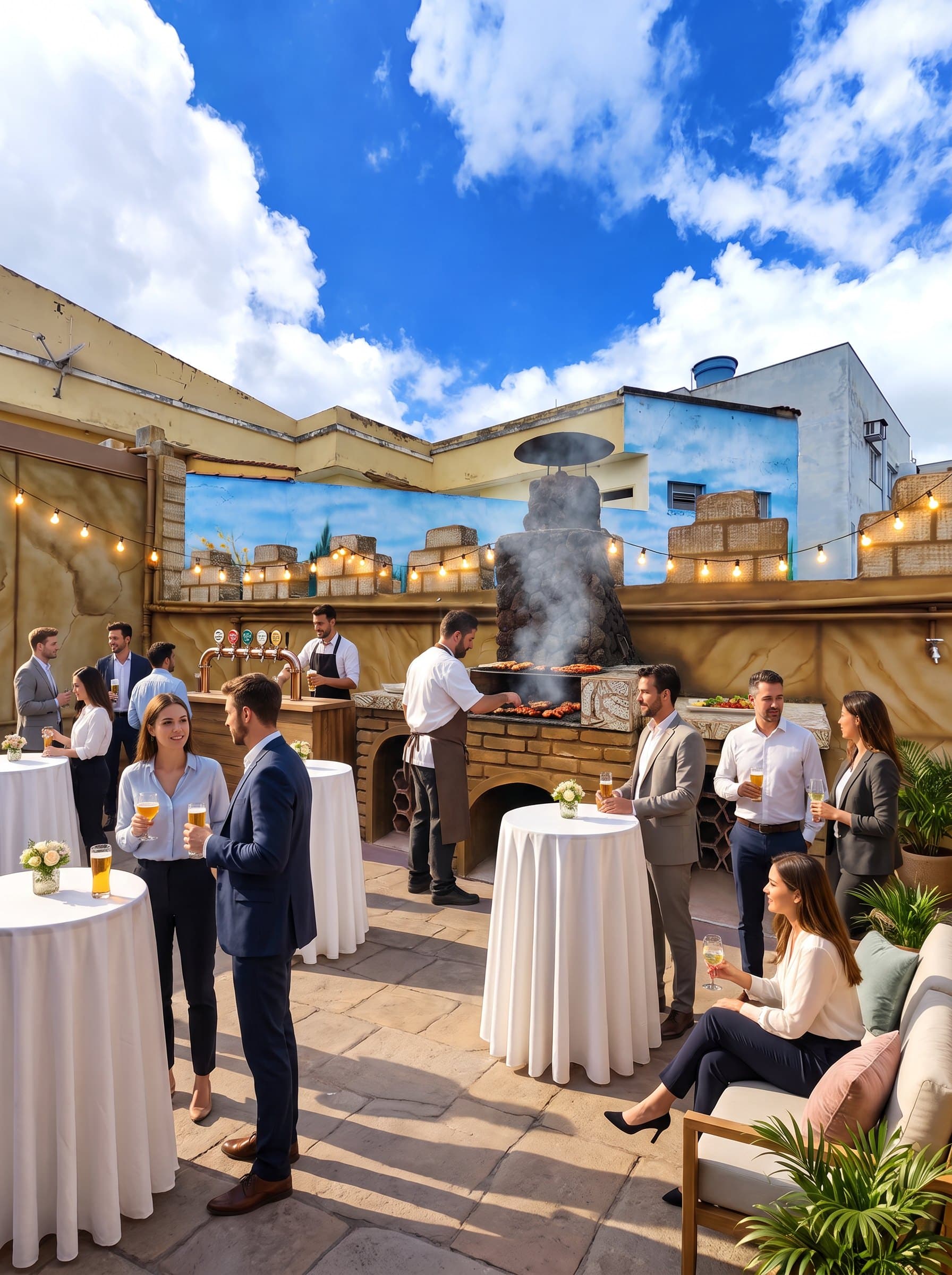 Ilustração de um terraço preparado para happy hour corporativo, com mesas altas e churrasqueira
